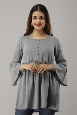 FabbibaPrints Casual 3/4 Sleeve Solid Women Grey Top