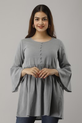 NeshamaKurti Casual 3/4 Sleeve Solid Women Grey Top