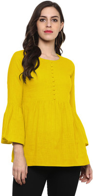 JIGNESH TEXTILE Casual 3/4 Sleeve Solid Women Yellow Top