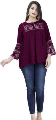 Om Clothing Casual Embroidered Women Purple, White Top