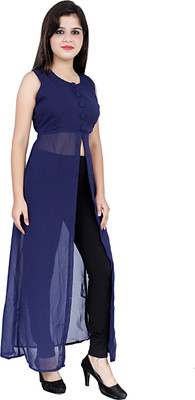 VESICLE Women Solid Frontslit Kurta(Blue)