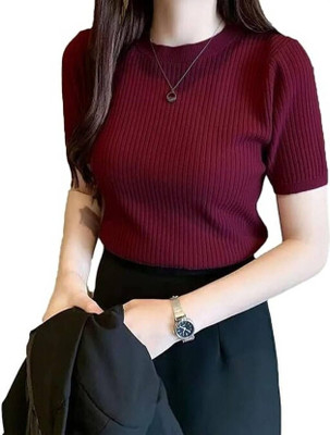 FENDURA Casual Self Design Women Maroon Top