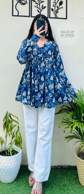 Radhegovind Creation Party Printed Women Blue Top
