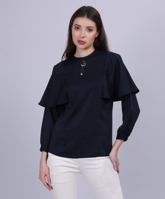 AUMBE Formal Solid Women Dark Blue Top