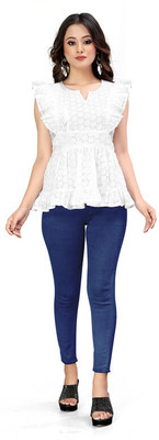 M R Apparels Casual Self Design Women White Top
