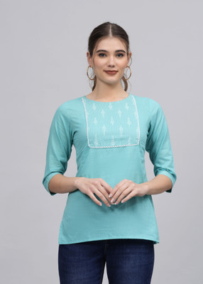 The Swagg Casual Printed Women Light Blue, White Top
