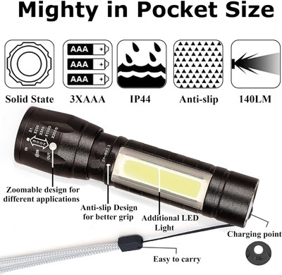 cilesis chargeable led torch with side light for emergency light, 3 modes, USB charging, 1 hrs Torch Emergency Light(Black)