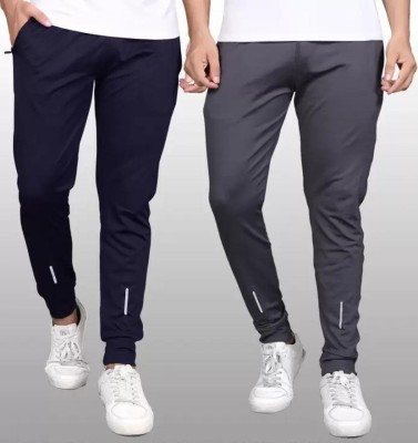 POPLENS Solid Men Dark Blue, Grey Track Pants