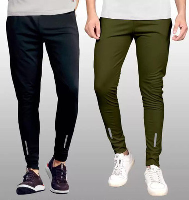 POPLENS Solid Men Black, Dark Green Track Pants