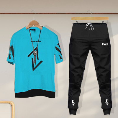NB NICKY BOY Men Printed Light Blue, Black Top & Pyjama Set