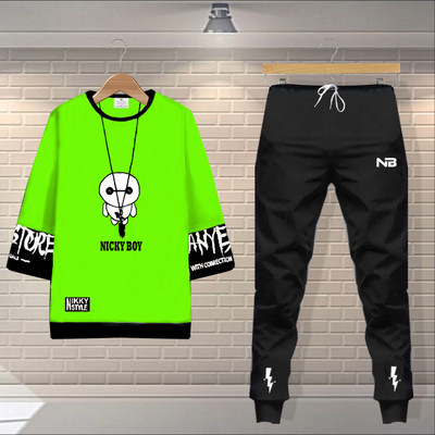 NB NICKY BOY Men Printed Black, Light Green Top & Pyjama Set