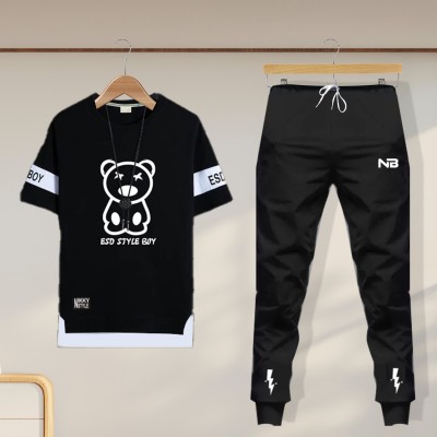 NB NICKY BOY Men Printed Black, Black Top & Pyjama Set