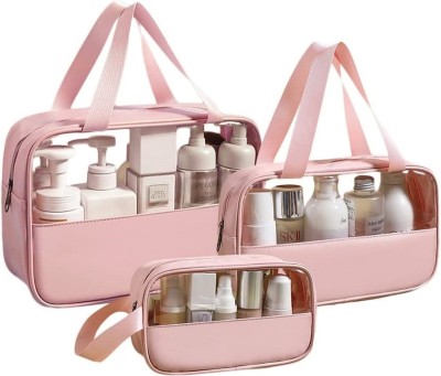 Himart Transparent Cosmetic Set Travel Makeup Leather Cosmetic Organizer Pouch Travel Toiletry Kit(Pink)