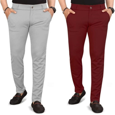 lapataclub Slim Fit Men Grey, Maroon Trousers