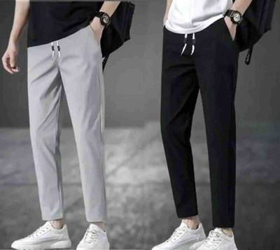 Regular Fit Men Black, Grey Trousers