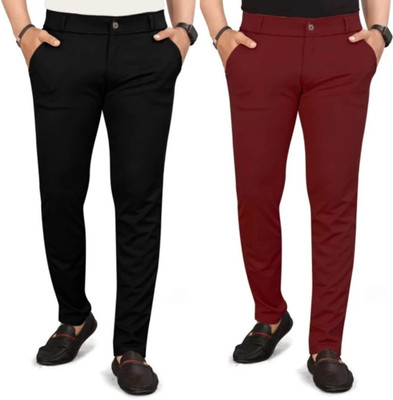 lapataclub Slim Fit Men Black, Maroon Trousers