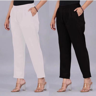Solid stitching Comfort Fit Women Black, White Trousers