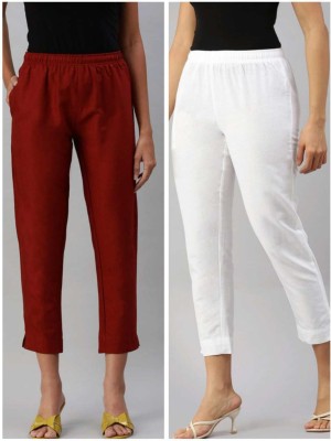 Regular Fit Women Maroon, White Trousers