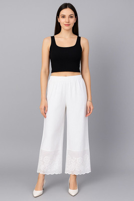 a h embroidery Comfort Fit Women White Trousers