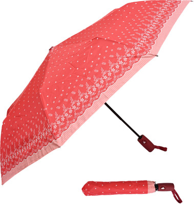 Flipkart SmartBuy 3 Fold Printed Rain and Sun Protective Button Open Umbrella(Pink, White)
