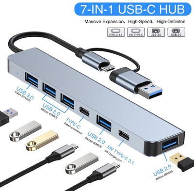 FKU 7 Port Usb C Hub splitter usb 3.0 adapter docking station Type C Data TRANSFER 7 Ports for Laptops and Desktops - USB 3.0 and 2.0 Compatible USB Hub(Grey)