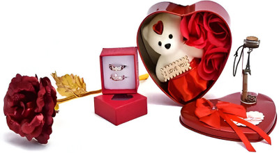 LoveGift Red Rose with Heart Shaped Gift Box | Message Pills | Couple Ring Gift Set Red, Gold Rose Artificial Flower  with Pot(25 cm, Pack of 1, Single Flower)