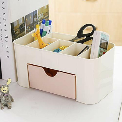 JIGSHTIAL 7 Compartments Plastic Cosmetic Organizer Multi Functional Desktop Remote&Pen Stand Office Stationary Stand Desk Organizer(Multicolor)