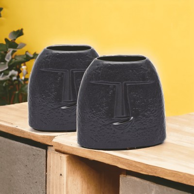 Malaikah Malaikah Black Square Shaped Pattern 6 Inches Pack of 2 - Ceramic Flower Vases Ceramic Vase(15 inch, Black)