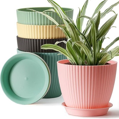 MOOZICO 5 Pack Flower Pots Outdoor Indoor Planters with Drainage Hole and Tray Saucer Plastic Vase(7 inch, Multicolor)