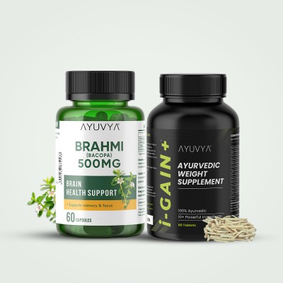 AYUVYA Ayurvedic i-Gain+ Weight Gainer & Brahmi Capsules, Ayurvedic Combo Kit Weight Gainers/Mass Gainers(90 Capsules, No Flavour)