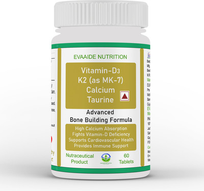 EVAAIDE Calcium, Vitamin D3, Vitamin K2 as MK7 & Taurine for Bone & Heart Health_60T(60 Tablets)