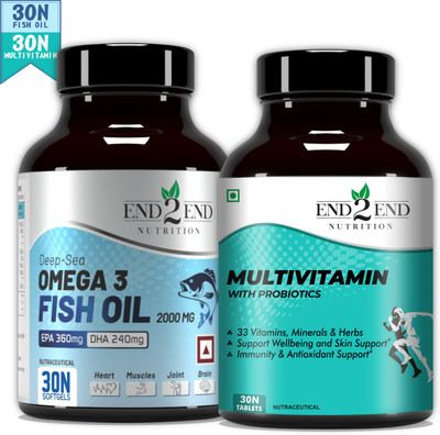 End2End Nutrition Omega 3 Fish oil capsules + Multivitamin with probiotics for men and women(2 x 30 Tablets)