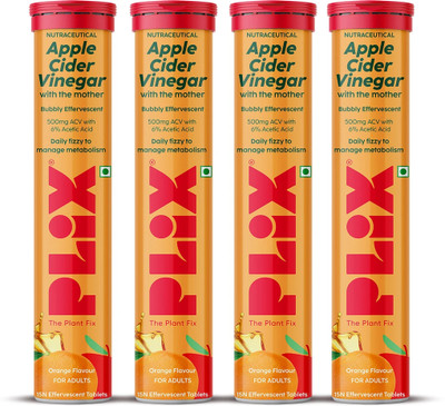 The Plant Fix Plix Apple Cider Vinegar 15 Effervescent Tablets Orange Flavour with Vitamin B12(4 x 15 No)