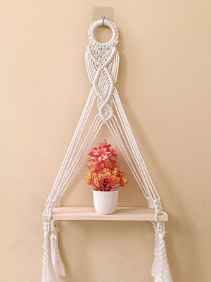 Aain Gullak Macrame Shelf, Macrame Pot Planter Wall Hanging Nice Tapestry (Beige)(40 cm X 10 cm, White)