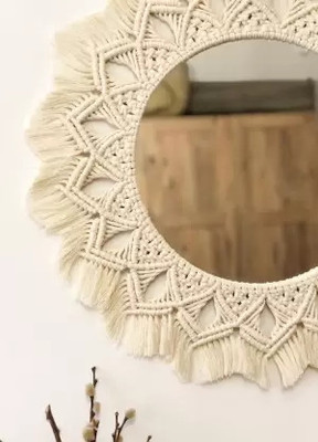 ZAWI Macrame Hanging Wall Mirror with Macrame Round Mirror Art Boho Decor(OFF WHITE)