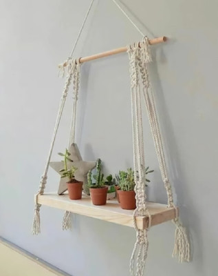 Saaz Macrame Wall Hanging Shelf Wood Floating_h33(50 cm X 30 cm, White)
