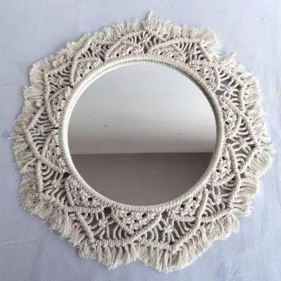 ZAWI Macrame Wall Mirror with Boho Fringes for Apartment Living Room Bedroom(OFF WHITE)