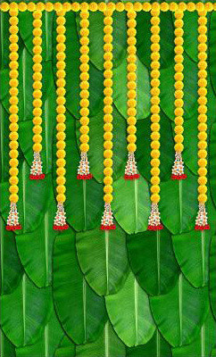 Ashu creation 3D Banana Leaf & Flower Backdrop for Decoration (H:8ft X W:5ft) Altar Cloth(Green Leaf, Yellow Flower)