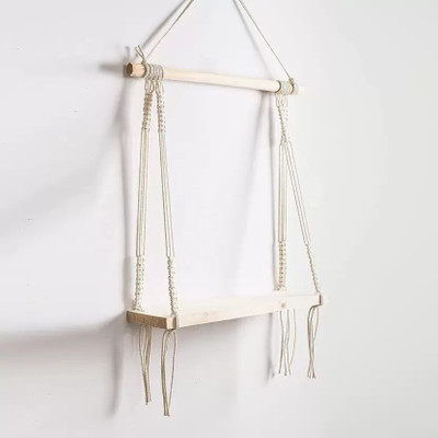 Aain Macrame Wall Hanging Shelf Wood Floating(40 cm X 30 cm, White)