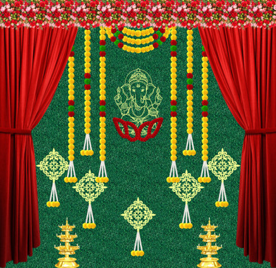 coolistic Festive backdrop for e pooja, decoration curtains for background,(60 inch X 60 inch, green and red)