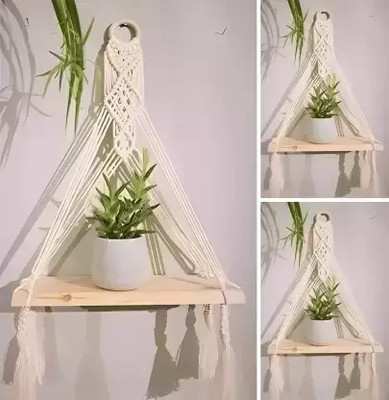Aain Macrame Indoor Wall Hanging Shelf Chic Decor Wood Floating Boho Shelves(Off White)