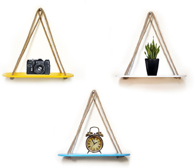 VAH Wall Hanging Shelf, Combo of 3 Set of Rectangle oval Design Multi colour Wood Floating Shelves for Wall Rustic Rope Shelves Wooden Wall Shelf(Number of Shelves - 1, Multicolor)