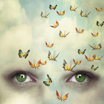 Pitaara Box 63.5 cm Two Eyes With The Sky With Many Butterflies Unframed Glossy PVC Vinyl Wall Sticker Decal Self Adhesive Sticker(Pack of 1)