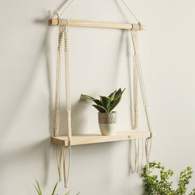 RAKANO Macrame Wall Hanging Shelf With Wooden Dowel(55 inch X 30 inch, White)