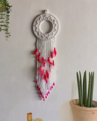 CHL ROAR Macrame Wall Hanging Decor | White Dream Catcher | Hollow Circle_WD(35 inch X 8 inch, White)