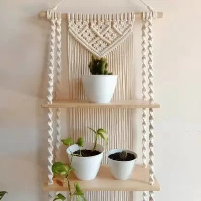 RAJDEEP COLLECTION Macrame Handmade Wooden Wall Shelf for Living Room, Bed Room(MADE IN INDIA).(40 inch X 12 inch, OFF WHITE)