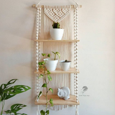 ZAWI Macramé Wooden Wall Hanging Shelf Modern Chic Woven Macrame Tapestries, Wall Art(OFF WHITE)