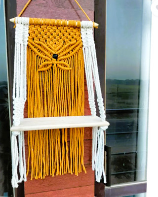 Kasba Macrame Wall Hanging Shelf|Plant Hanger |Flower Pot Holder(72 cm X 30.48 cm, Mustard Yellow, Off White)