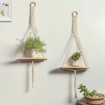 RAKANO Macrame Wall Shelf Pure Cotton Cord Pine Wooden Hanging Floating Shelves Pack of 2(55 cm X 30 cm, White)