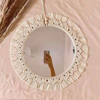 RAKANO Macrame Wall Mirror with Macrame Round Mirror Art Boho Decor(MADE IN INDIA).(40 cm X 40 cm, OFF WHITE)